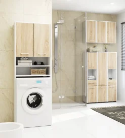 Armoire salle de bains suspendue AKORD FIN Blanche 64 cm 2 portes pleine Chêne Sonoma 4 étagères 64x30x94 cm