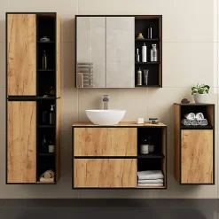 Armoire salle de bains VAMI suspendu avec miroir Chêne Craft 90 cm 2 portes façade Noire 6 étagères 90x15x75 cm