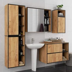 Armoire salle de bains VAMI suspendu avec miroir Chêne Craft 90 cm 2 portes façade Noire 6 étagères 90x15x75 cm