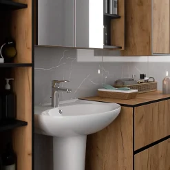 Armoire salle de bains VAMI suspendu avec miroir Chêne Craft 90 cm 2 portes façade Noire 6 étagères 90x15x75 cm