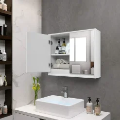 Armoire Toilette avec Miroir Murale, 2/3 Porte et 2/3 Etagères, Meuble à Miroir de Salle de Bain en MDF (56x14x45CM-2 Portes)
