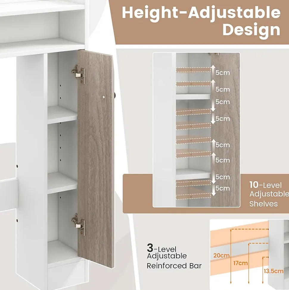 Armoire WC avec Etagere & 2 Compartiments & Tablettes reglables sur 10 niveaux & Anti-Bascule pour Buanderie Blanc