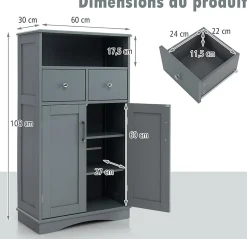 Armoire WC avec Etagere Reglable Meuble de Rangement pour Salle de Bain avec 2 Tiroirs et 2 Portes 60X30X107CM Gris