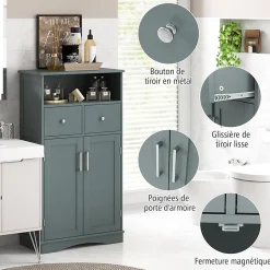 Armoire WC avec Etagere Reglable Meuble de Rangement pour Salle de Bain avec 2 Tiroirs et 2 Portes 60X30X107CM Gris