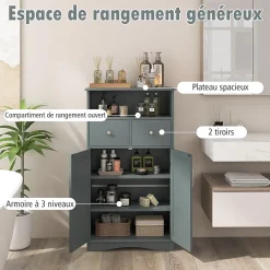 Armoire WC avec Etagere Reglable Meuble de Rangement pour Salle de Bain avec 2 Tiroirs et 2 Portes 60X30X107CM Gris
