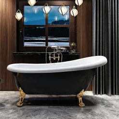 Baignoire ancienne retro sur pieds RICHMOND Noire 171 cm Pieds de Lion Bronze jaune vieilli