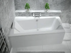 Baignoire asymétrique + tablier blanc + repose tête - INFINITY - 160 x 100 cm - Gauche