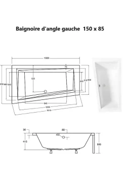 Baignoire asymétrique + tablier noir + repose tête - INTIMA - 150 x 85 cm - Gauche