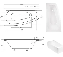 Baignoire asymétrique + tablier blanc + repose tête - LUNA - 150 x 80 cm - Gauche