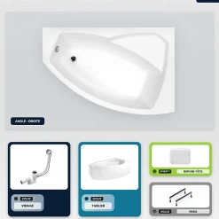 Baignoire asymétrique - 140 x 90 cm - Droite - avec Tablier - Pieds - Repose-tête - Vidage Chrome - RIMA