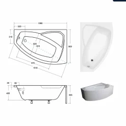 Baignoire asymétrique - 140 x 90 cm - Droite - avec Tablier - Pieds - Repose-tête - Vidage Chrome - RIMA
