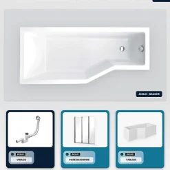 Baignoire asymétrique - 150 x 75 cm - Gauche - avec Tablier - Pieds - Pare Baignoire 3 Volets - Vidage Chrome - INTEGRA