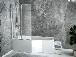 Baignoire asymétrique - 150 x 75 cm - Gauche - avec Habillage - Pieds - Pare Baignoire 3 Volets - Vidage Chrome - INTEGRA