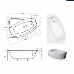 Baignoire asymétrique - 160 x 100 cm - Gauche - sans Habillage - avec Pieds - Repose-tête - Vidage Chrome - RIMA