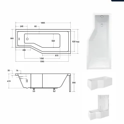 Baignoire asymétrique - 170 x 75 cm - Droite - sans Habillage - avec Pieds - Vidage Chrome - INTEGRA
