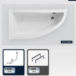 Baignoire asymétrique - 150 x 70 cm - Gauche - sans Habillage - avec Pieds - Vidage Chrome - PRAKTIKA