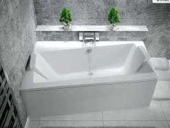 Baignoire asymétrique - 150 x 90 cm - Gauche - avec Tablier Blanc - Pieds - Vidage Chrome - INFINITY