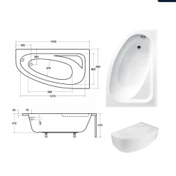 Baignoire asymétrique - 140 x 80 cm - Droite - avec Habillage - Pieds - Vidage Chrome - CORNEA