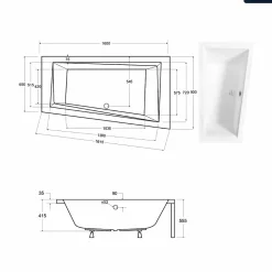 Baignoire asymétrique - 160 x 90 cm - Droite - sans Habillage - avec Pieds - Repose-tête - Vidage Chrome - INTIMA