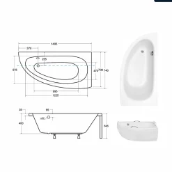 Baignoire asymétrique - 150 x 70 cm - Droite - avec Tablier - Pieds - Vidage Chrome - MILENA