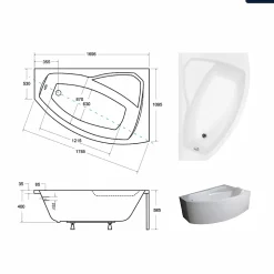 Baignoire asymétrique - 170 x 110 cm - Droite - avec Habillage - Pieds - Vidage Chrome - RIMA