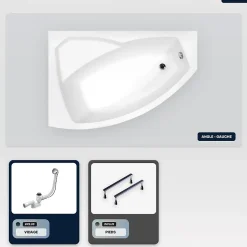 Baignoire asymétrique - 140 x 90 cm - Gauche - sans Habillage - avec Pieds - Vidage Chrome - RIMA