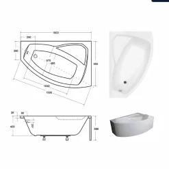 Baignoire asymétrique - 150 x 95 cm - Droite - avec Habillage - Pieds - Vidage Chrome - RIMA