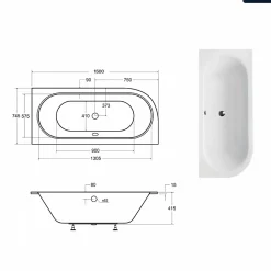 Baignoire asymétrique - 150 x 75 cm - Droite - avec Habillage - Pieds - Vidage Chrome - AVITA SLIM