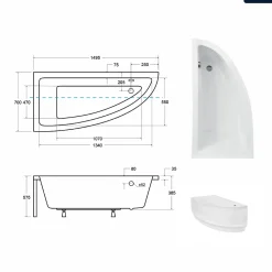 Baignoire asymétrique - 150 x 70 cm - Gauche - avec Tablier - Pieds - Vidage Chrome - PRAKTIKA