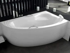 Baignoire asymétrique - 150 x 100 cm - Droite - avec Tablier - Pieds - Poignées - Repose-tête - Vidage Chrome - NATALIA PREMIUM
