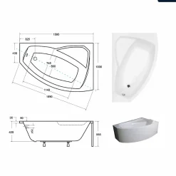 Baignoire asymétrique - 160 x 100 cm - Droite - avec Habillage - Pieds - Vidage Chrome - RIMA