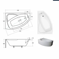 Baignoire asymétrique - 140 x 90 cm - Gauche - avec Tablier - Pieds - Repose-tête - Vidage Chrome - RIMA