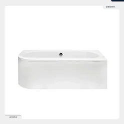 Baignoire asymétrique - 150 x 75 cm - Droite - sans Habillage - avec Pieds - Repose-tête - Étagère bambou - Vidage Chrome - AVITA