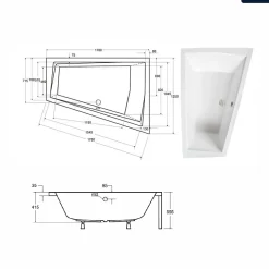Baignoire asymétrique - 170 x 125 cm - Droite - avec Habillage - Pieds - Vidage Chrome - INTIMA DUO