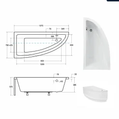 Baignoire asymétrique - 140 x 70 cm - Gauche - sans Habillage - avec Pieds - Vidage Chrome - PRAKTIKA