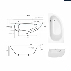 Baignoire asymétrique - 150 x 70 cm - Gauche - sans Habillage - avec Pieds - Vidage Chrome - MILENA