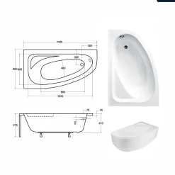 Baignoire asymétrique - 140 x 80 cm - Gauche - sans Habillage - avec Pieds - Vidage Chrome - CORNEA