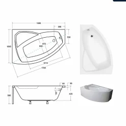 Baignoire asymétrique - 170 x 110 cm - Gauche - sans Habillage - avec Pieds - Vidage Chrome - RIMA
