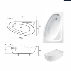 Baignoire asymétrique - 150 x 100 cm - Droite - avec Habillage - Pieds - Vidage Chrome - CORNEA