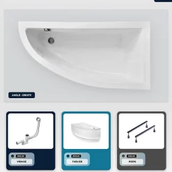 Baignoire asymétrique - 140 x 70 cm - Droite - avec Tablier - Pieds - Vidage Chrome - PRAKTIKA