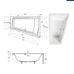Baignoire asymétrique - 180 x 125 cm - Droite - sans Habillage - avec Pieds - Vidage Chrome - INTIMA DUO