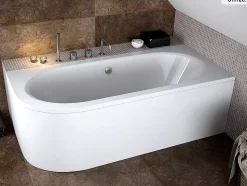 Baignoire asymétrique - 150 x 75 cm - Droite - sans Habillage - avec Pieds - Étagère bambou - Vidage Chrome - AVITA