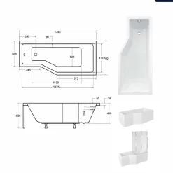 Baignoire asymétrique - 150 x 75 cm - Droite - avec Habillage - Pieds - Pare Baignoire 3 Volets - Vidage Chrome - INTEGRA