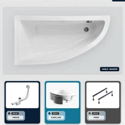 Baignoire asymétrique - 150 x 70 cm - Gauche - avec Habillage - Pieds - Vidage Chrome - PRAKTIKA