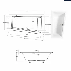 Baignoire asymétrique - 160 x 90 cm - Droite - sans Habillage - avec Pieds - Vidage Chrome - INTIMA SLIM