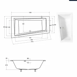 Baignoire asymétrique - 150 x 85 cm - Gauche - sans Habillage - avec Pieds - Vidage Chrome - INTIMA SLIM