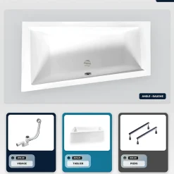 Baignoire asymétrique - 150 x 85 cm - Gauche - avec Tablier - Pieds - Vidage Chrome - INTIMA