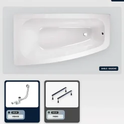 Baignoire asymétrique - 150 x 80 cm - Gauche - sans Habillage - avec Pieds - Vidage Chrome - LUNA