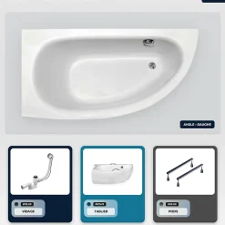 Baignoire asymétrique - 150 x 70 cm - Gauche - avec Tablier - Pieds - Vidage Chrome - MILENA