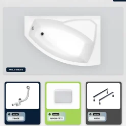 Baignoire asymétrique - 160 x 100 cm - Droite - sans Habillage - avec Pieds - Repose-tête - Vidage Chrome - RIMA